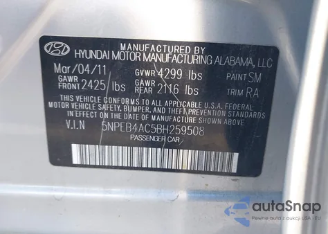 2011 Hyundai Sonata Gls from USA, damaged, VIN 5NPEB4AC5BH259508